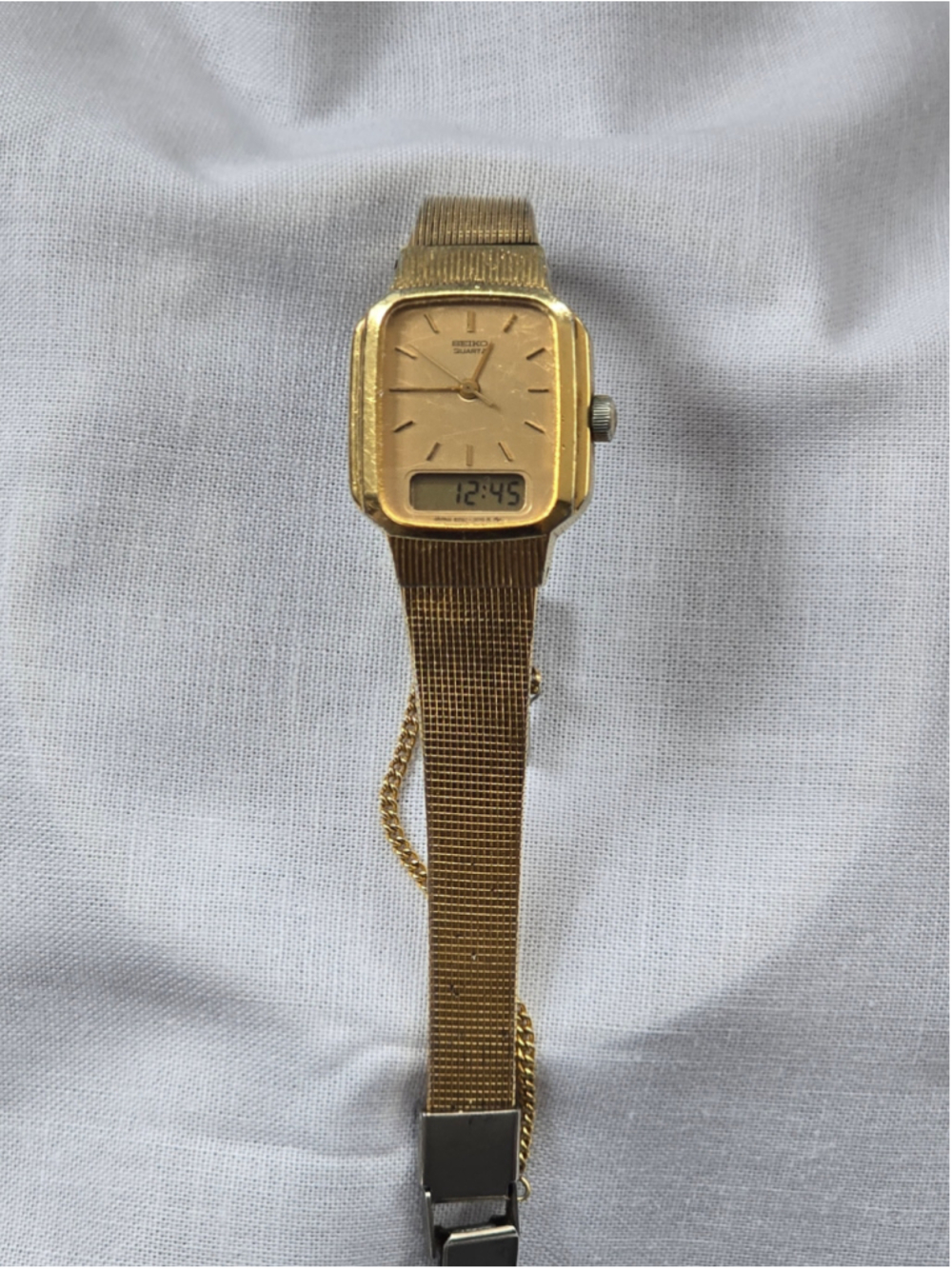 Rare 1980s Seiko Women's Gold Mesh Hybrid Watch E029-5159 Working LCD New Batter